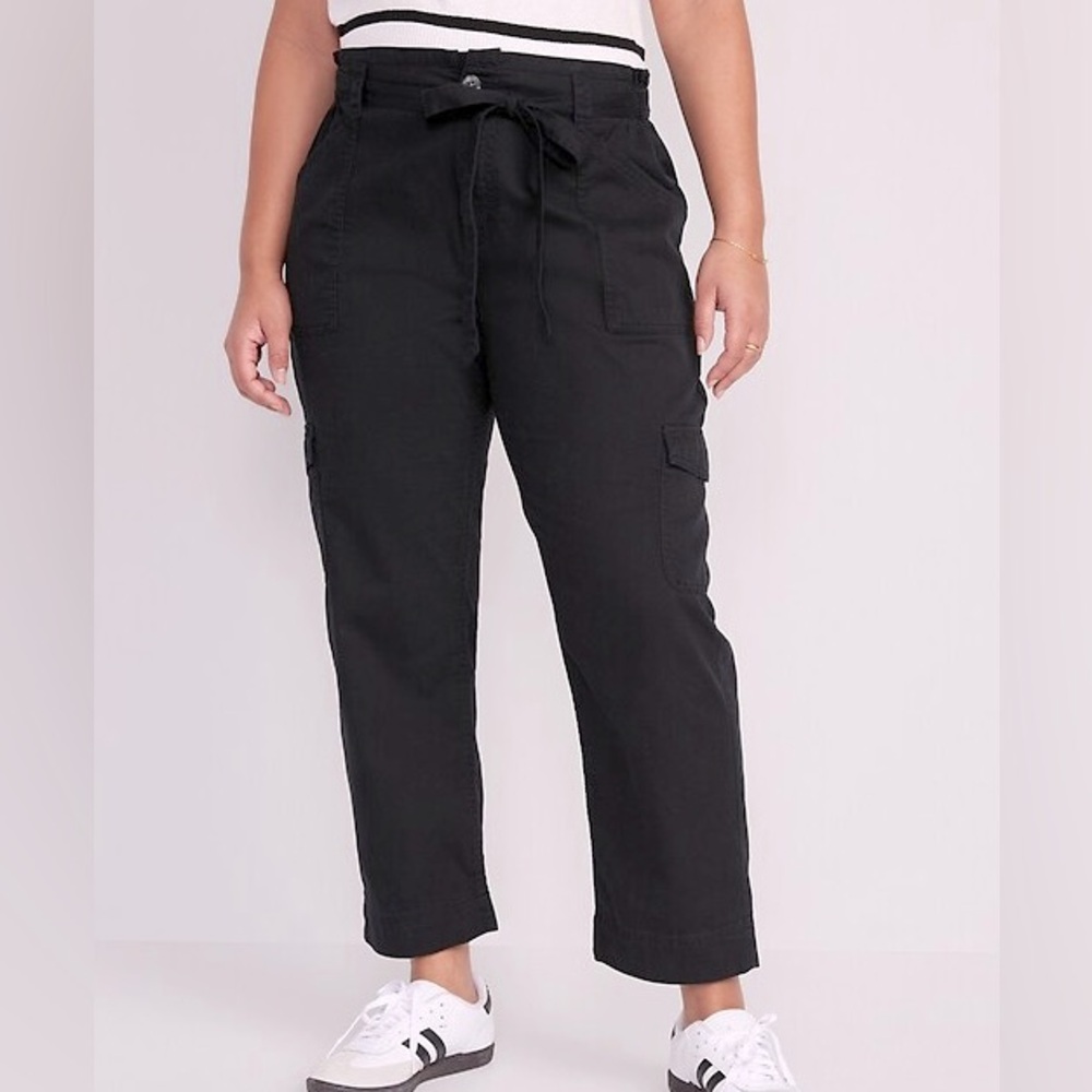 Old Navy Black Belted Linen Baggy Cargo Pants